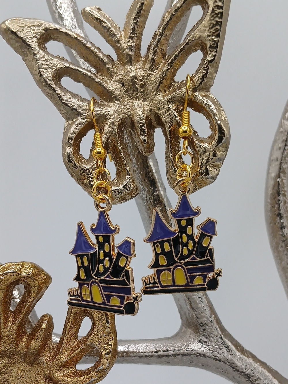 Gold and Purple Haunted Castle Drop Earrings